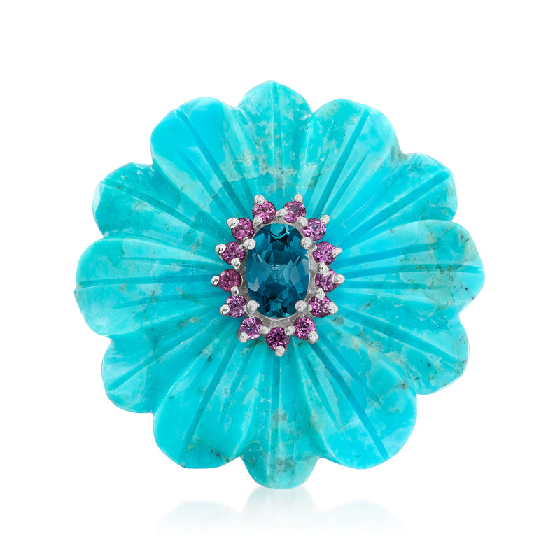 Sterling silver flower ring with turquoise blue oval gemstone and purple accents