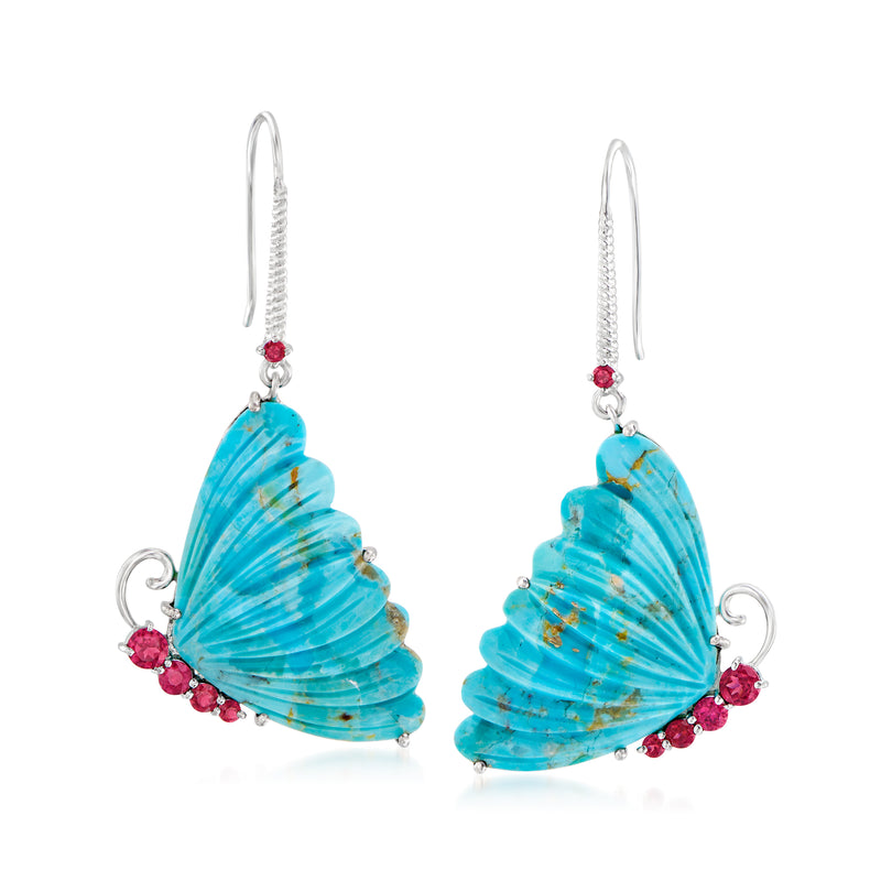Sterling silver butterfly drop earrings with turquoise blue wings and rhodolite garnets