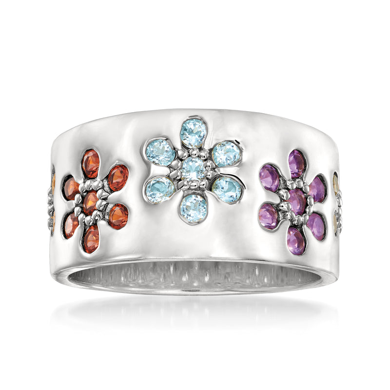 Sterling silver multi-gem flower ring with blue, orange, and purple stones