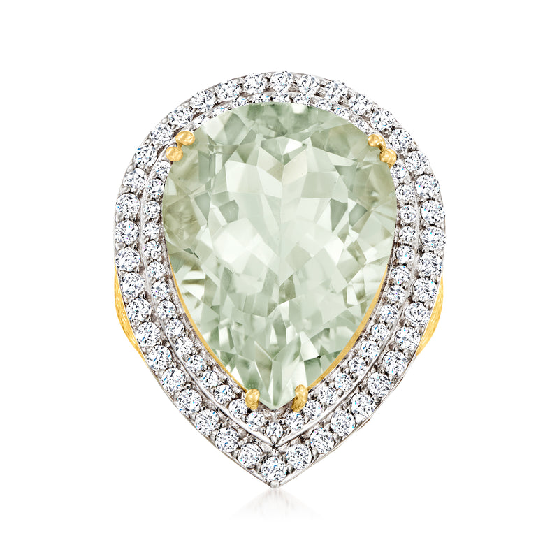 Teardrop prasiolite diamond ring in 14kt yellow gold with diamond halo