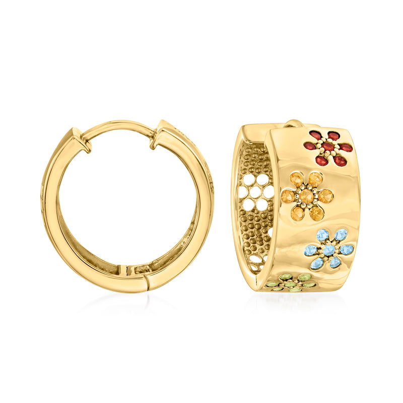 Gold huggie hoop earrings with colorful enamel flower cluster detail