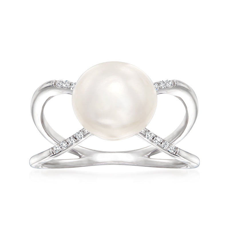 Sterling silver ring with large white cultured pearl and white zircon accents