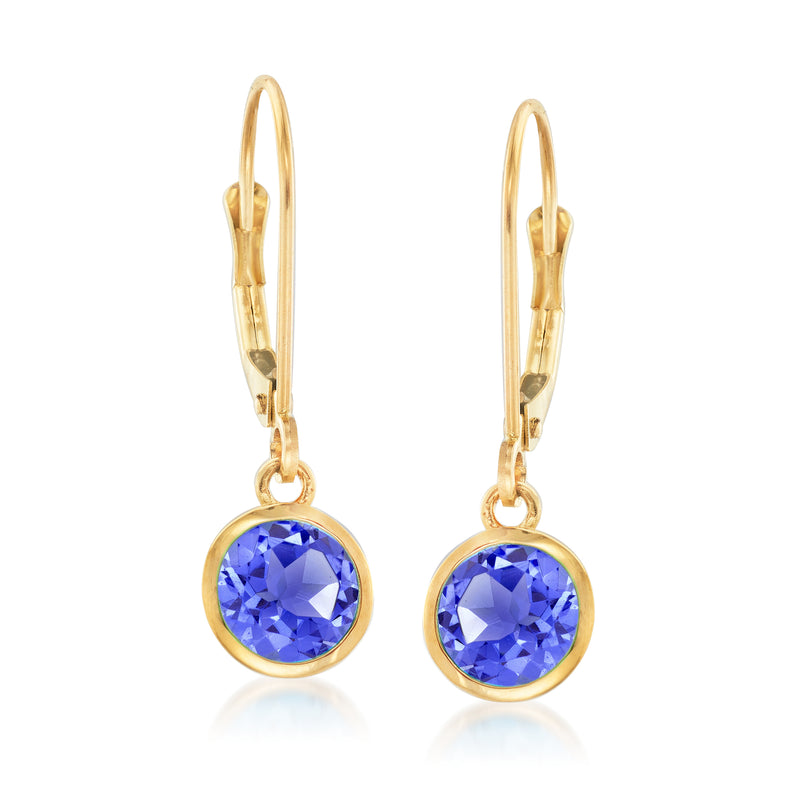 14kt yellow gold tanzanite drop earrings with round blue stones, leverback hooks