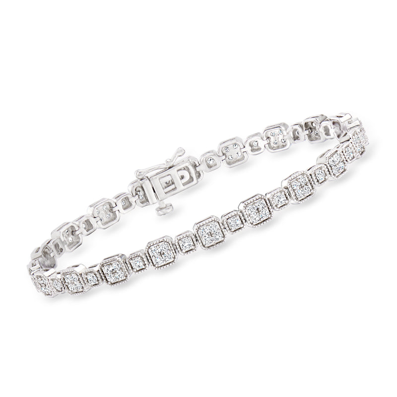 Sterling silver diamond square-pattern bracelet with box clasp