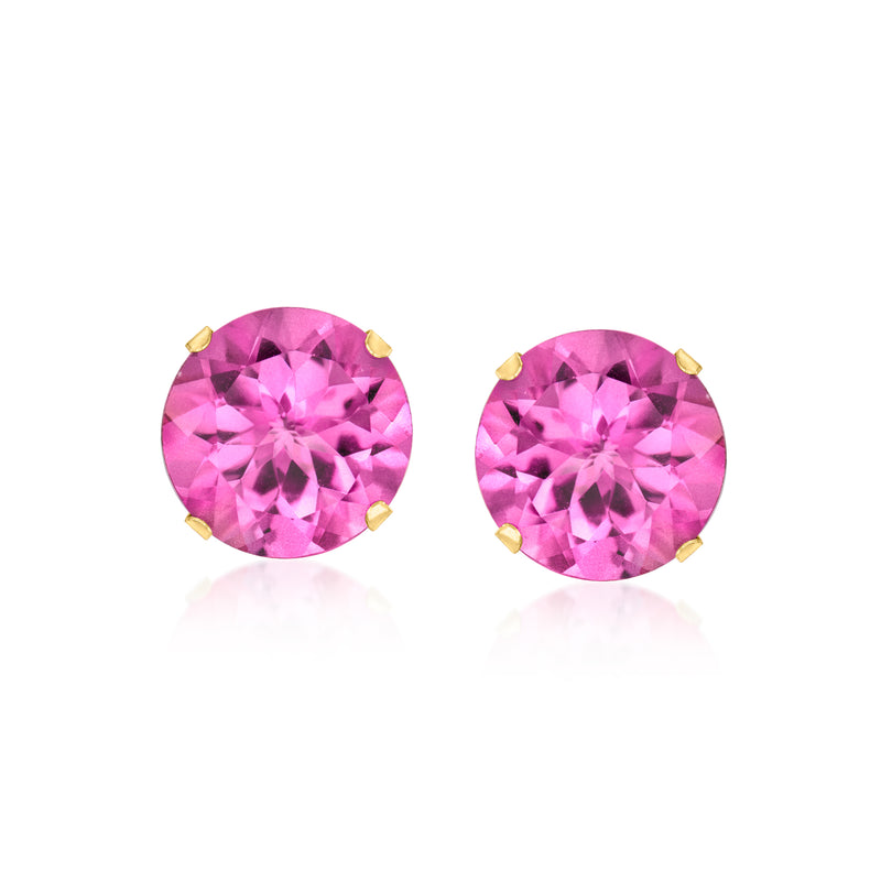 Pink topaz stud earrings in 14kt yellow gold, round faceted gemstones