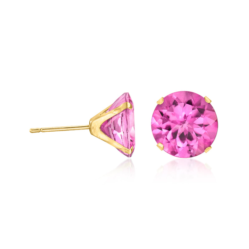 Pink topaz stud earring in 14kt yellow gold, round faceted gemstone with post