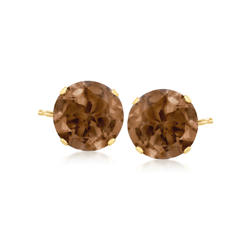 Smoky quartz stud earrings in 14kt yellow gold, round smoky-brown gemstones