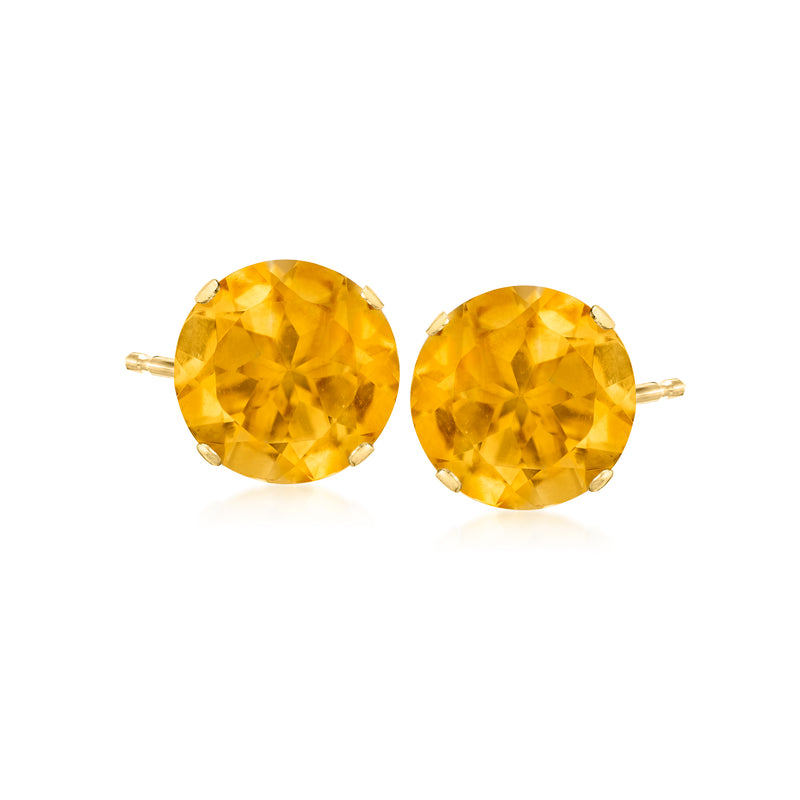 14kt yellow gold citrine stud earrings with round yellow gemstone, pair