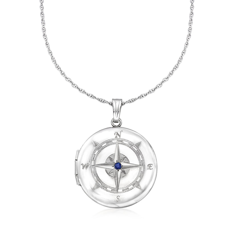 Sterling silver compass locket necklace on chain, round compass with blue sapphire