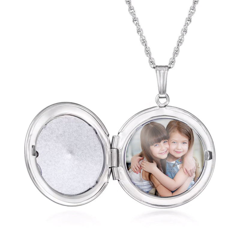 Round sterling silver locket necklace with open locket holding a child photo