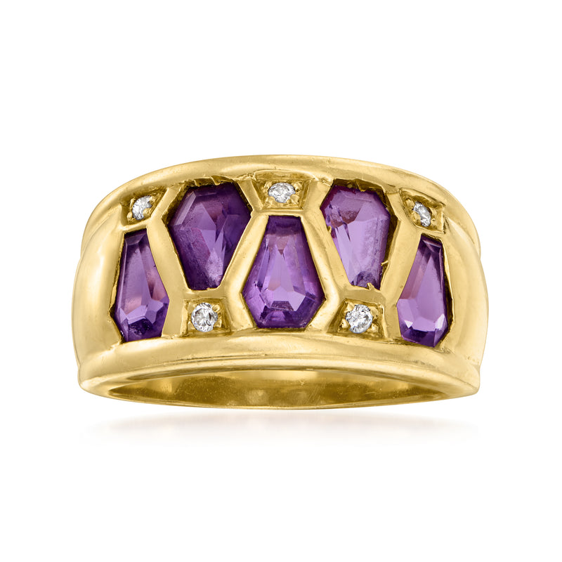 Vintage 18kt yellow gold amethyst ring with five purple stones and small diamond accents