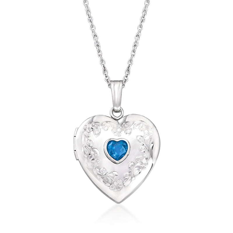 Sterling silver heart locket necklace with blue birthstone center and chain
