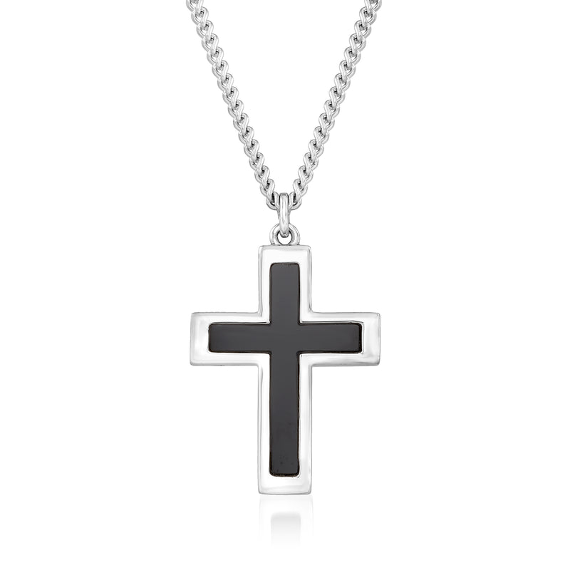 Sterling silver cross pendant necklace with black onyx inlay and curb chain
