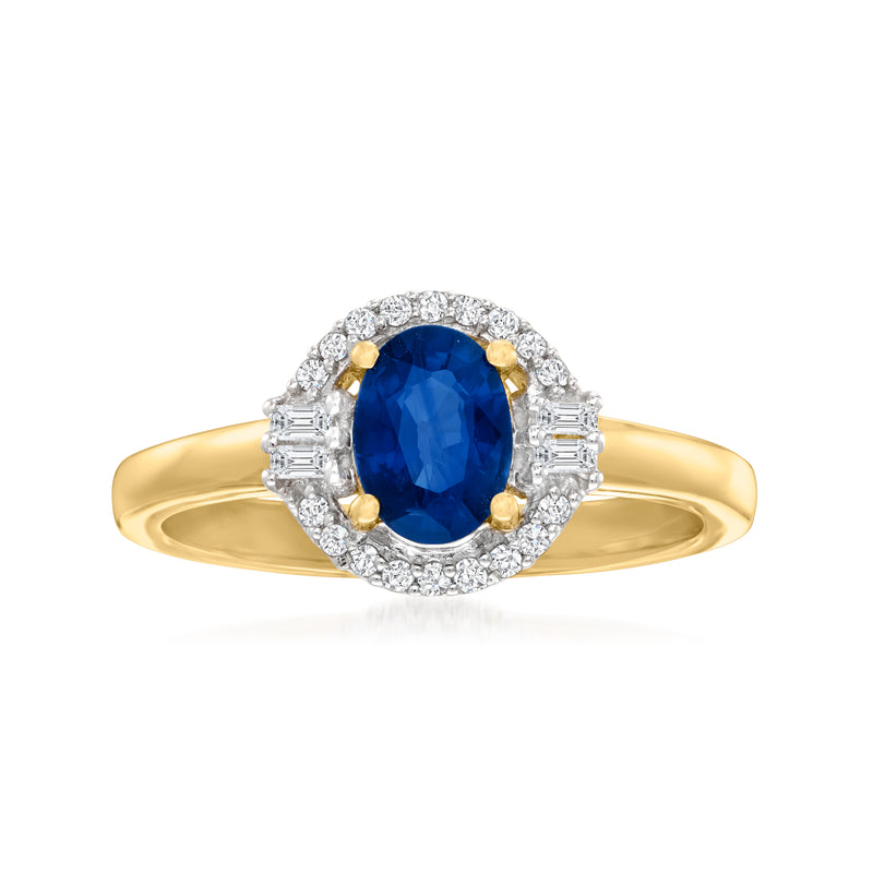 14kt yellow gold sapphire and diamond ring with oval blue center and diamond halo
