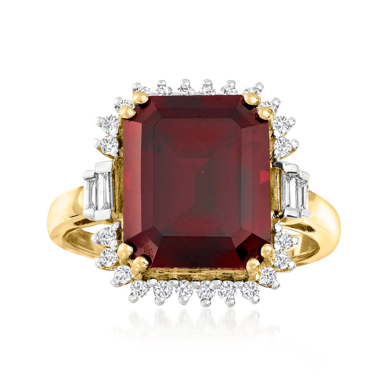 14k yellow gold garnet and diamond ring with emerald-cut maroon center