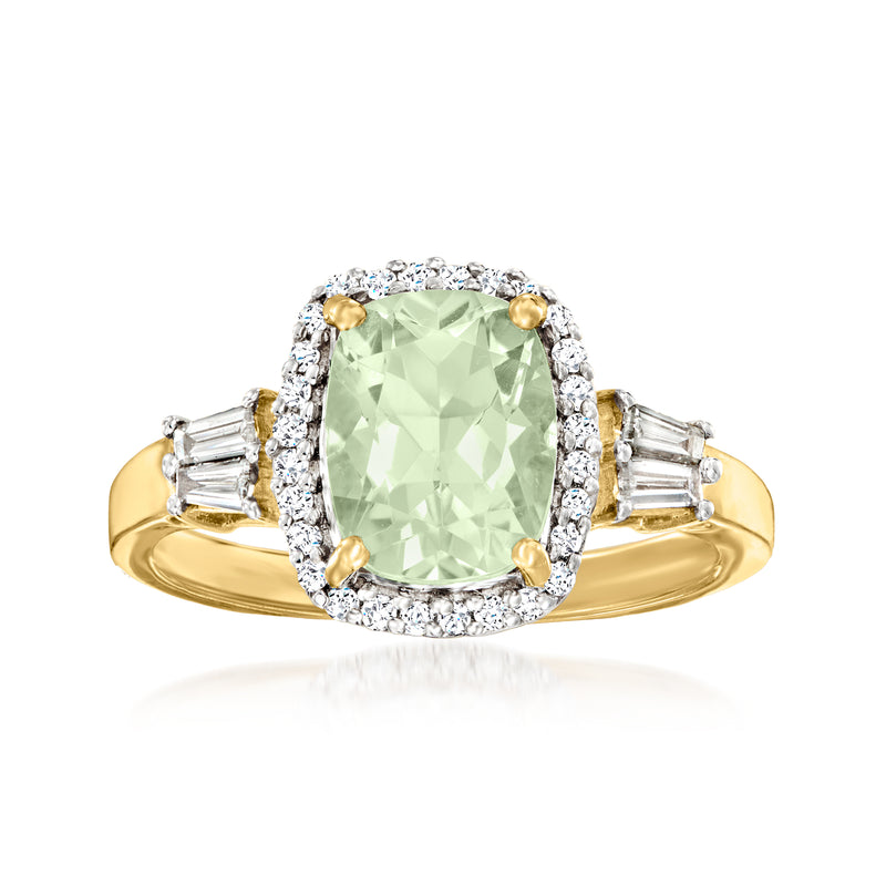 14k yellow gold ring with oval prasiolite, diamond halo and baguette side stones