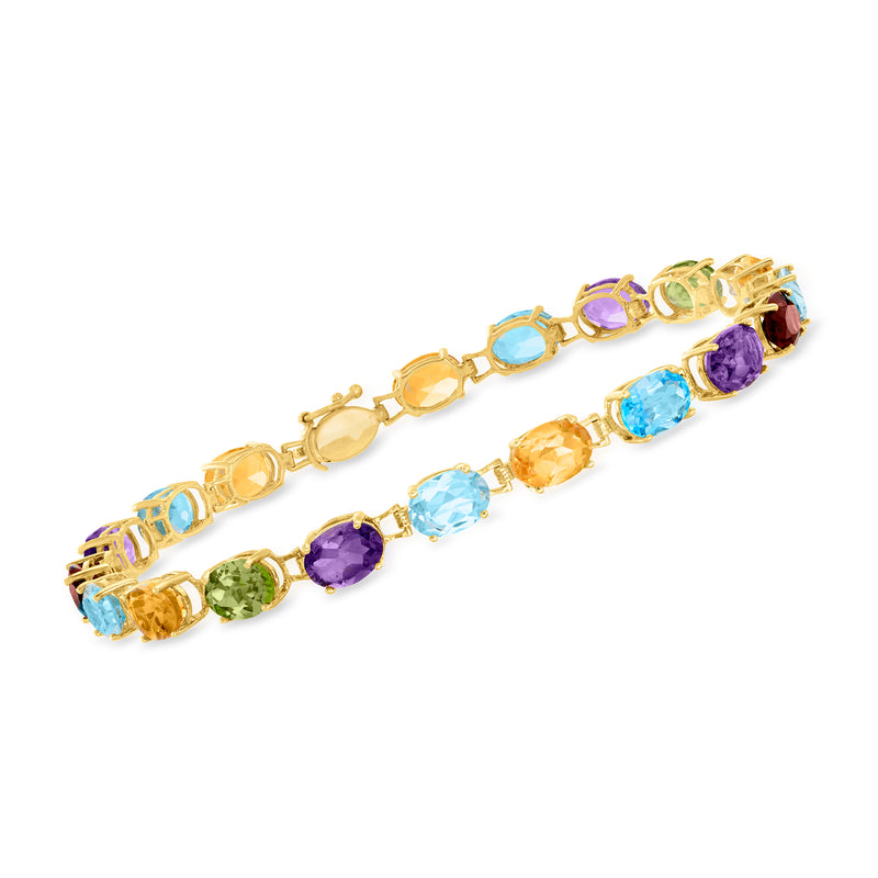 14kt yellow gold multi-gemstone bracelet with blue, purple, green, and orange stones