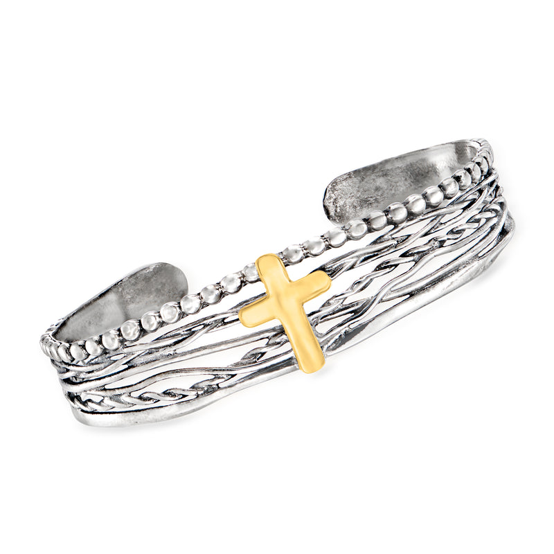Two-tone cross cuff bracelet with silver braided cuff and gold cross charm