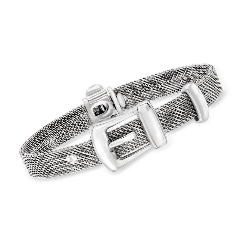 Sterling silver chain-link buckle bracelet with mesh band and rectangular clasp