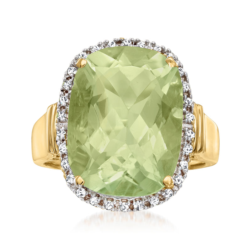 Prasiolite and diamond ring in 14kt yellow gold with cushion-cut green center stone