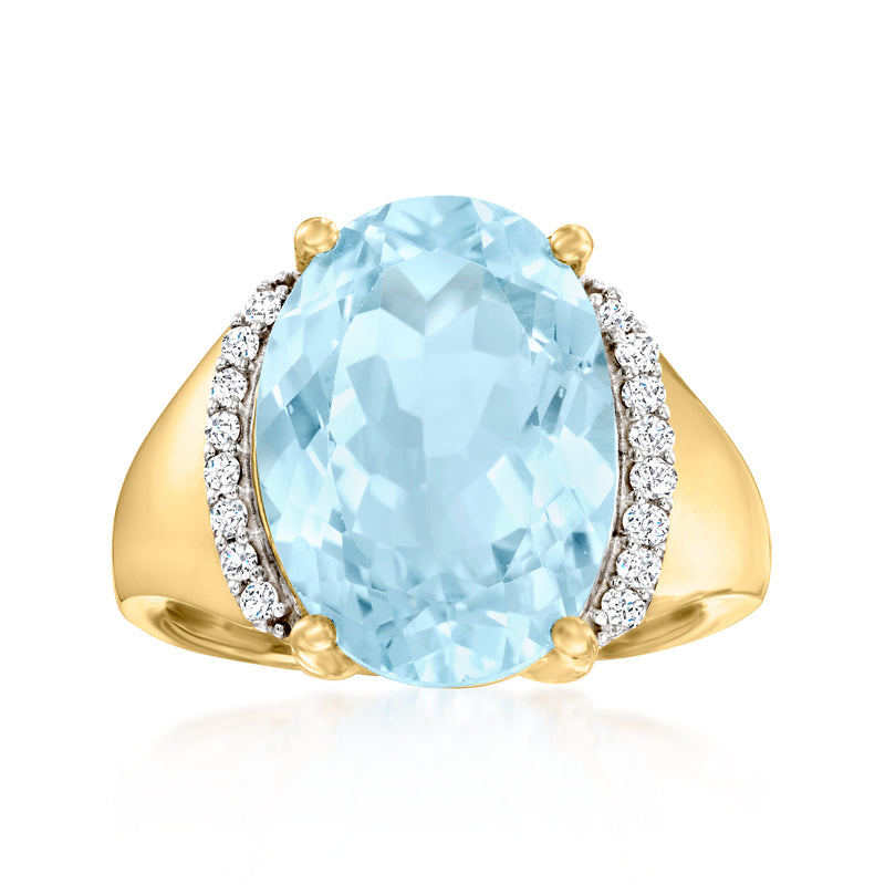 14kt yellow gold ring with oval sky-blue topaz and diamond side accents