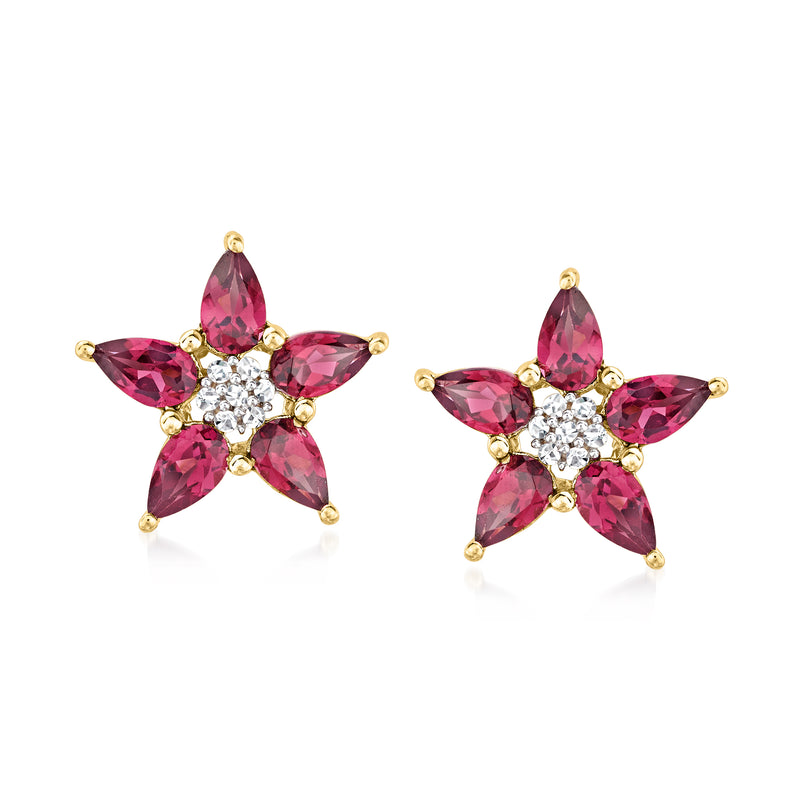 14kt yellow gold star earrings with pink rhodolite garnet and diamond accents, post backs
