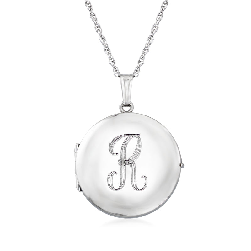 Silver round locket necklace with initial engraving on hinged photo locket, chain included