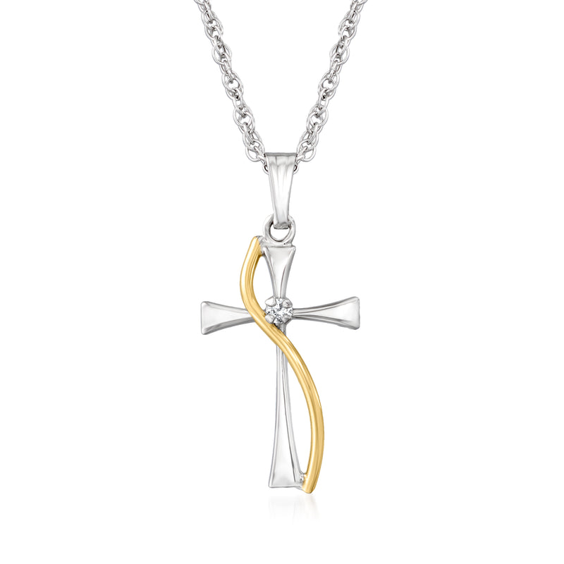 Sterling silver and 14kt yellow gold cross pendant necklace with single diamond detail