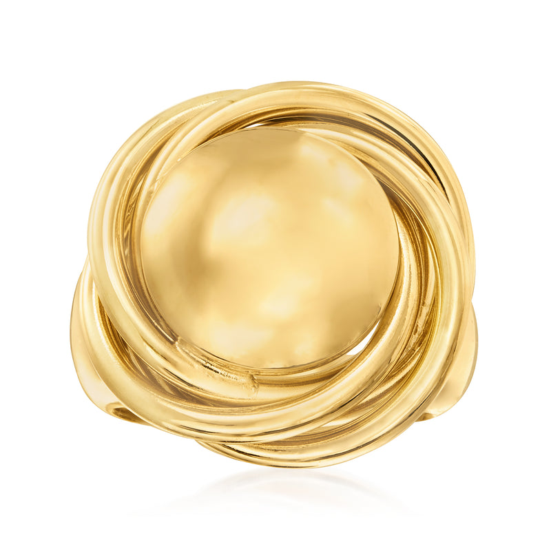 Gold over sterling knot ring with smooth round center and braided band
