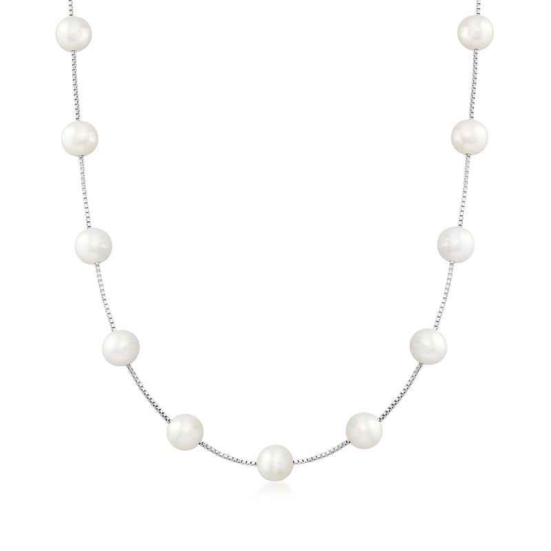 Sterling silver pearl station necklace with 8–8.5mm round cultured pearls
