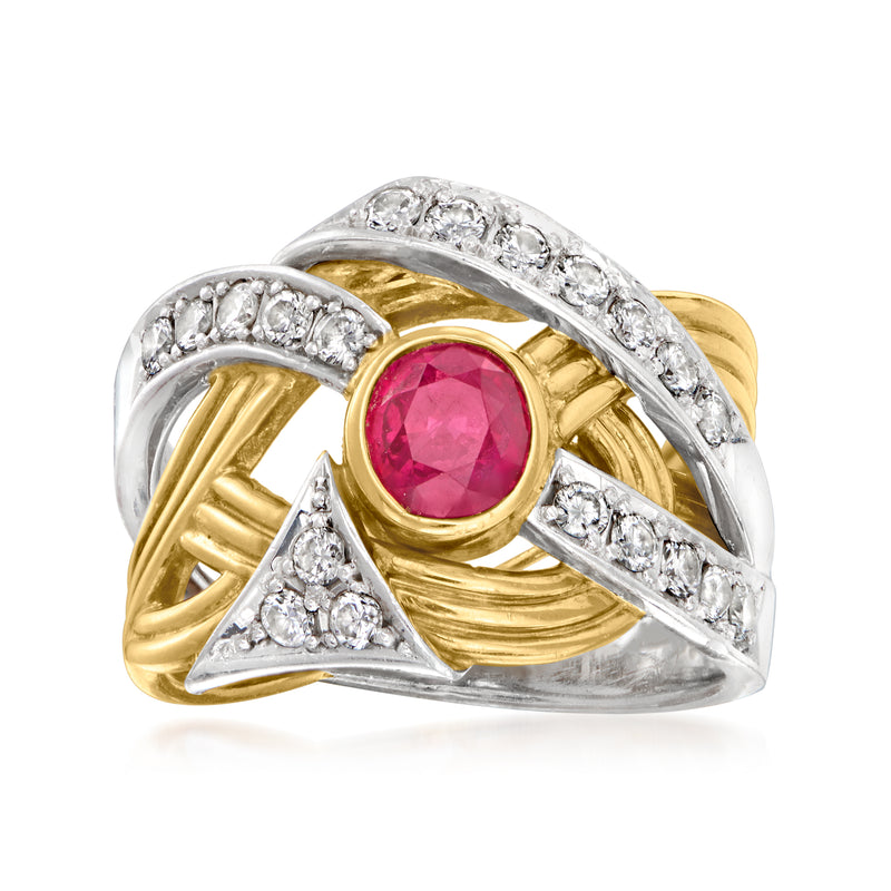 Vintage ruby and diamond ring in platinum and 18k yellow gold, round pink center