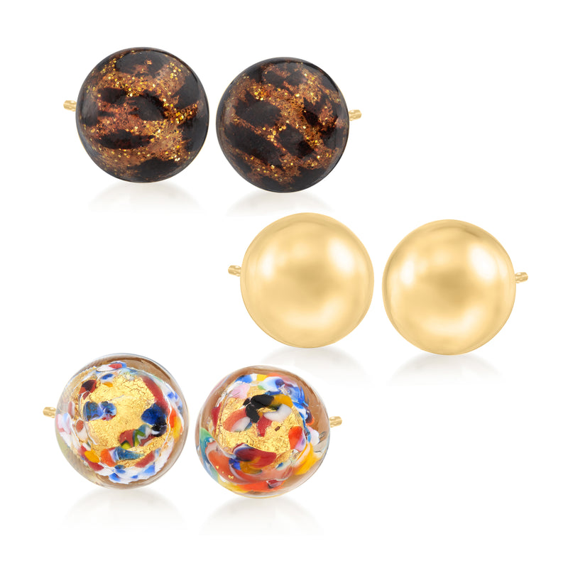 Stud earring set with three pairs: dark glitter round, gold ball, and multicolor glass studs