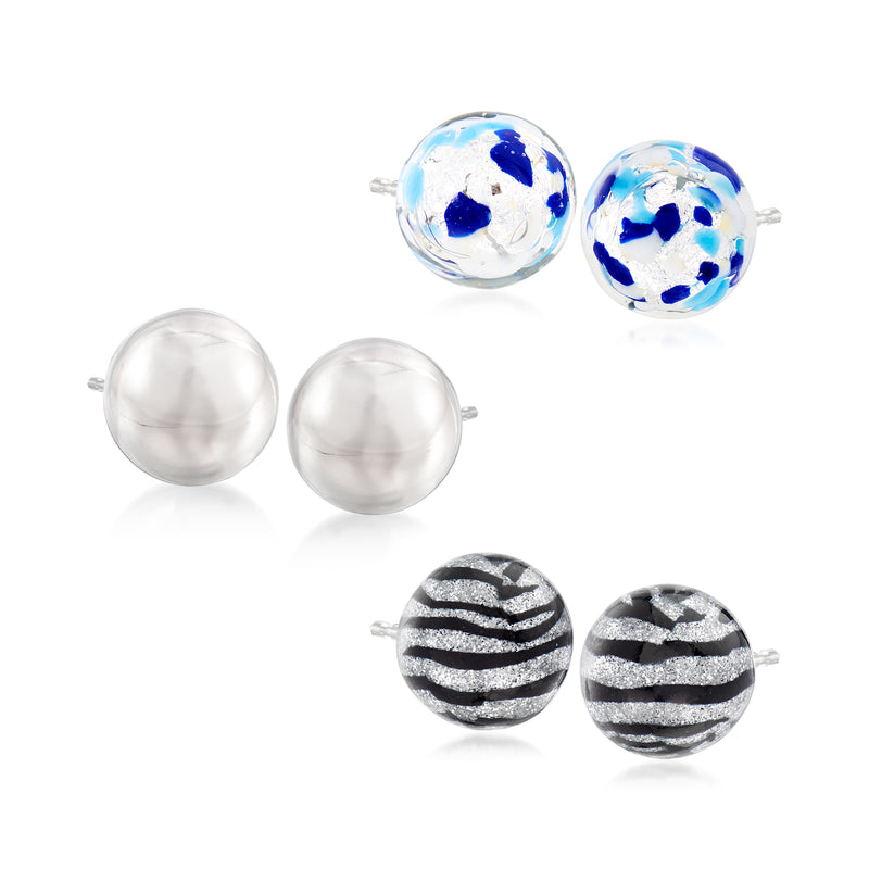 Murano glass stud earring set with blue, white, and zebra-pattern sterling silver posts