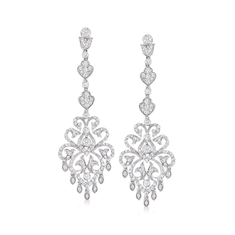 White gold drop chandelier earrings with sparkling round diamonds and ornate filigree drop