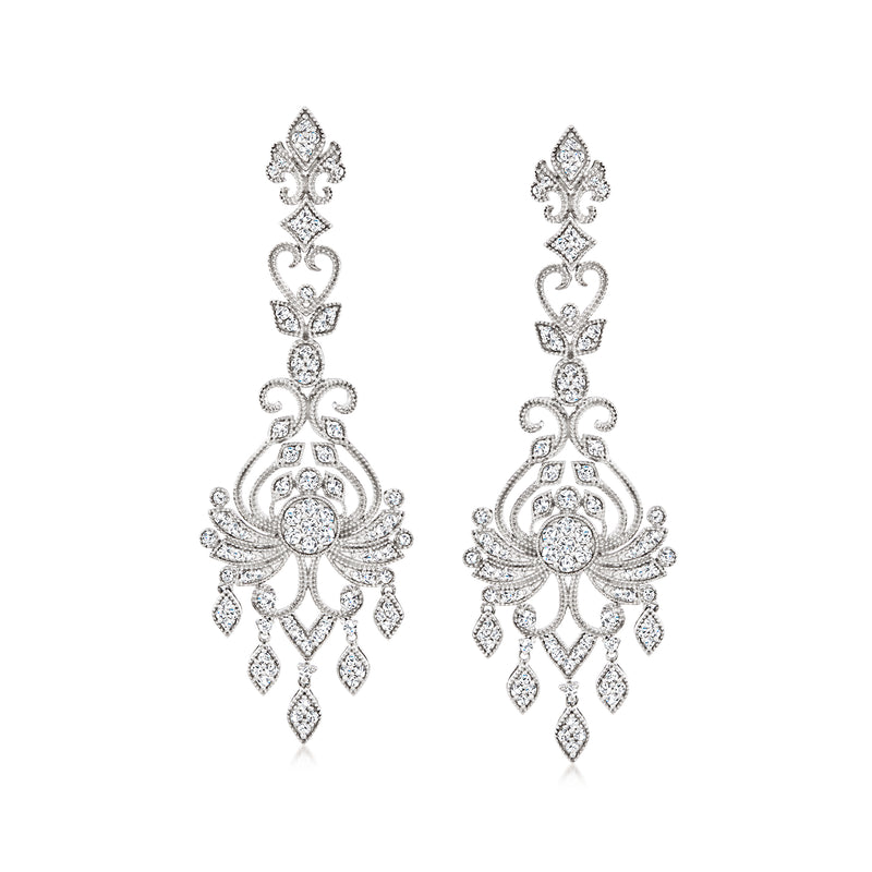 Sterling silver diamond chandelier drop earrings, round center with dangling teardrops