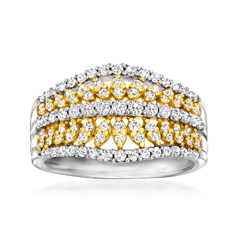 Two-tone sterling silver diamond open-space multi-row ring with round white and gold stones