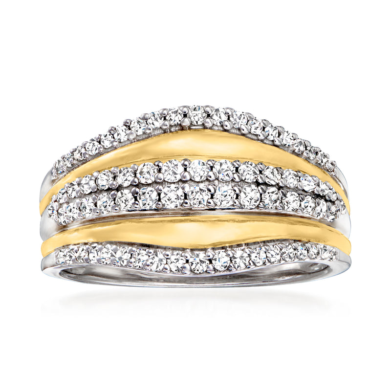 Two-tone sterling silver three-row diamond band ring with round pave stones