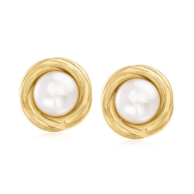Gold over sterling clip-on earrings with round white pearl in twisted spiral bezel