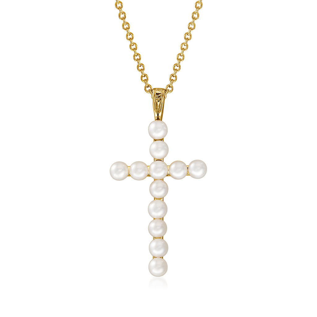 3.5 4mm Cultured Pearl Cross Pendant Necklace 18kt Over Sterling. 18&quot