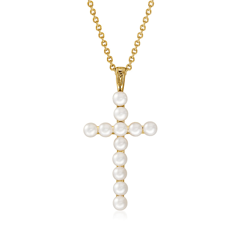 Gold cross pendant necklace with clustered round white pearls on chain