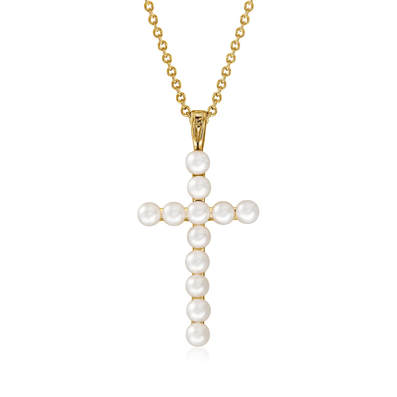 3.5-4mm Cultured Pearl Cross Pendant Necklace in 18kt Gold Over Sterling