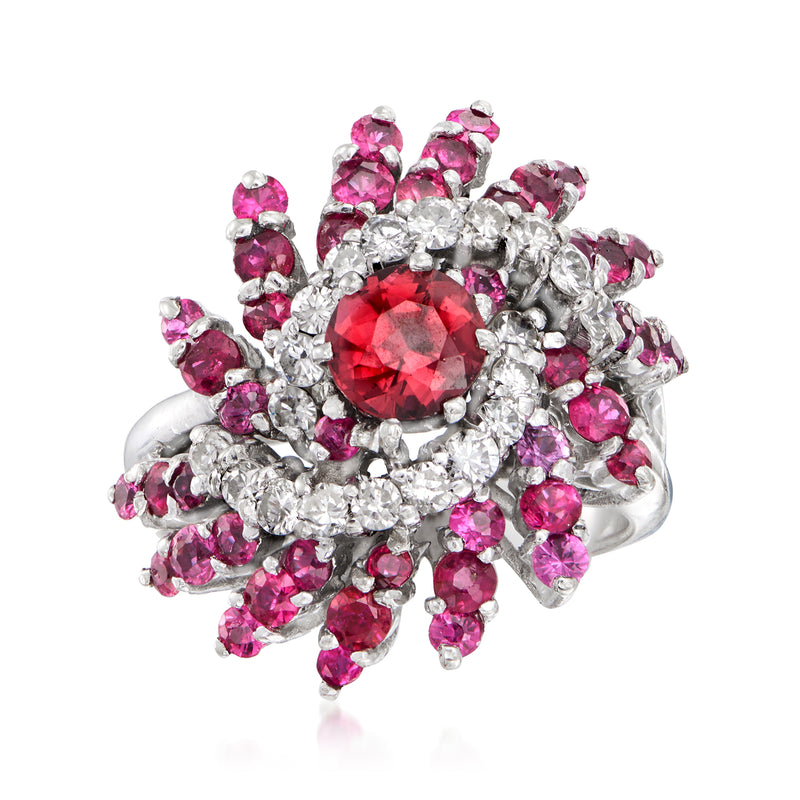 Vintage style white gold ring with red and pink gemstones and diamond-like accents