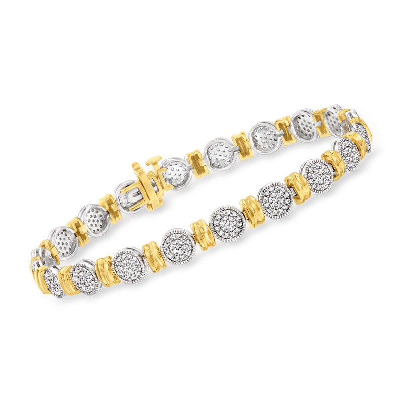 Two-tone sterling silver diamond cluster bracelet with round cluster links