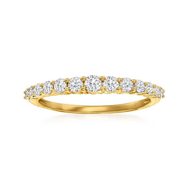 14kt yellow gold graduated diamond ring with round stones on slim band