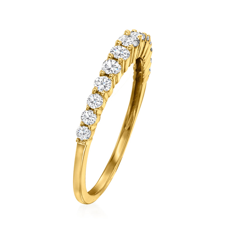 14kt yellow gold diamond ring with graduated round stones in gold prongs, side view