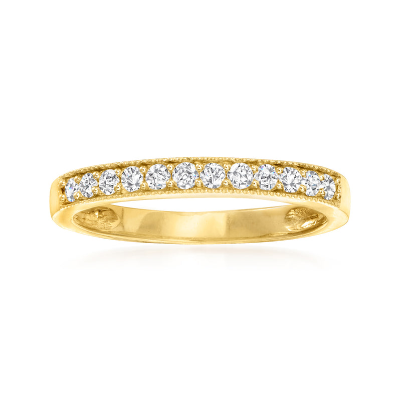 14kt yellow gold diamond ring with a row of round white diamonds across the top
