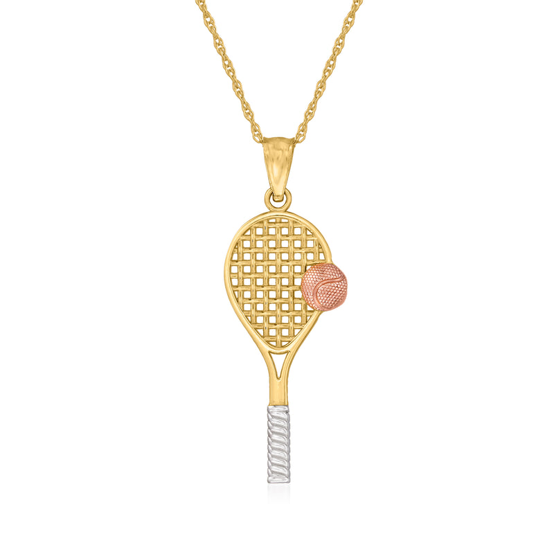 14k tri-colored gold tennis racket pendant necklace with red ball charm