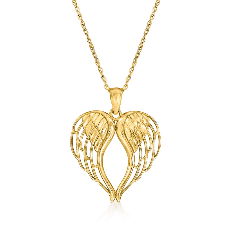 14kt yellow gold angel wings heart pendant necklace with dangling heart charm