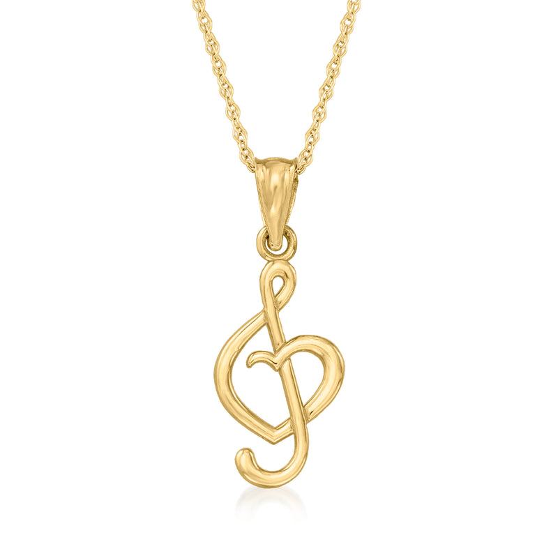 14kt yellow gold treble clef pendant necklace with heart-shaped outline