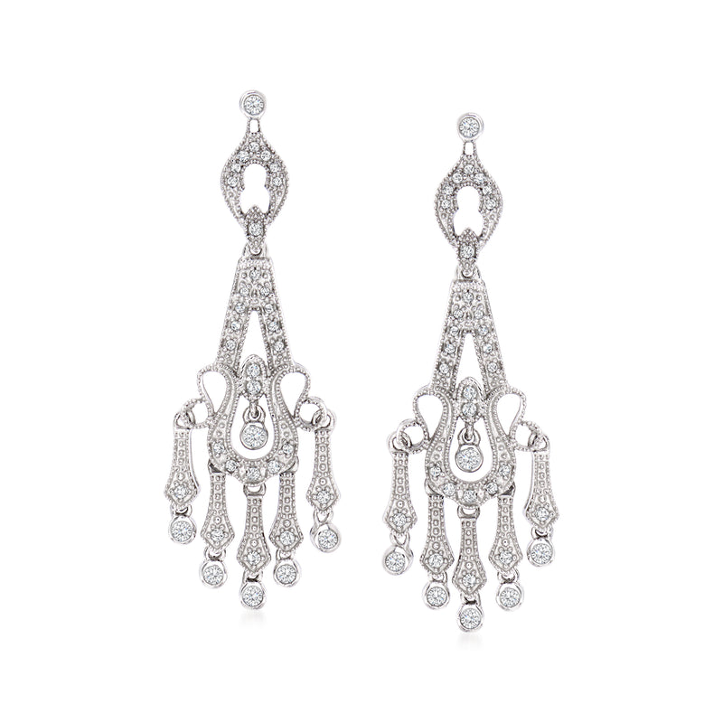 Sterling silver diamond chandelier drop earrings, oval and teardrop clusters with dangling stones